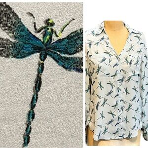 Dragonfly lightweight blouse v neck collar adjustable sleeves  Express Y2K 90s‎